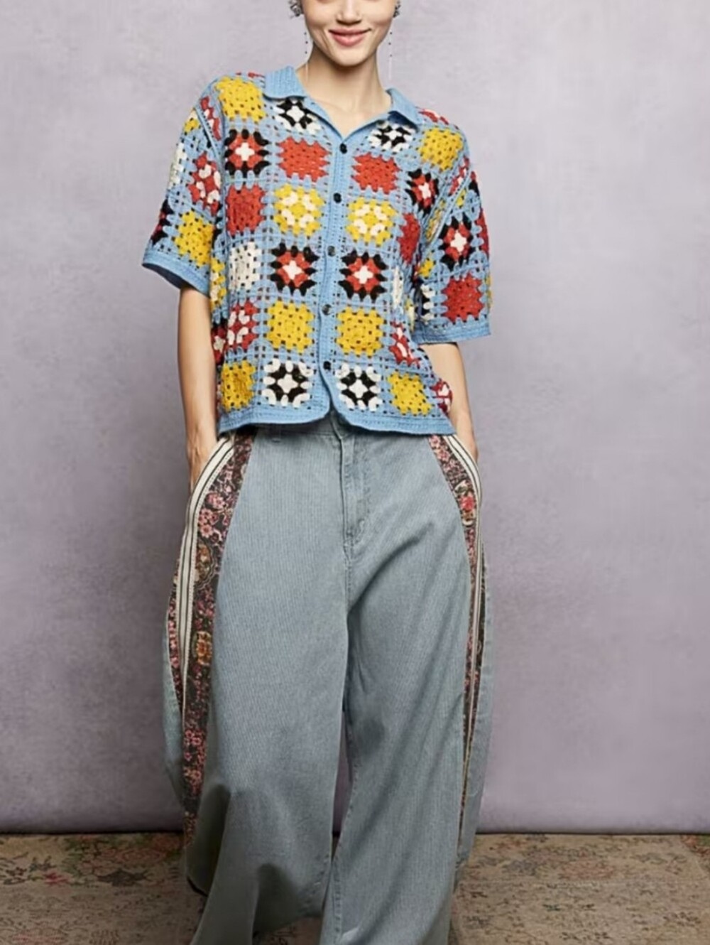 POL Multicolor Crochet Button-Up Top - Blue, Yellow, Red, Black, White - Picture 3 of 4